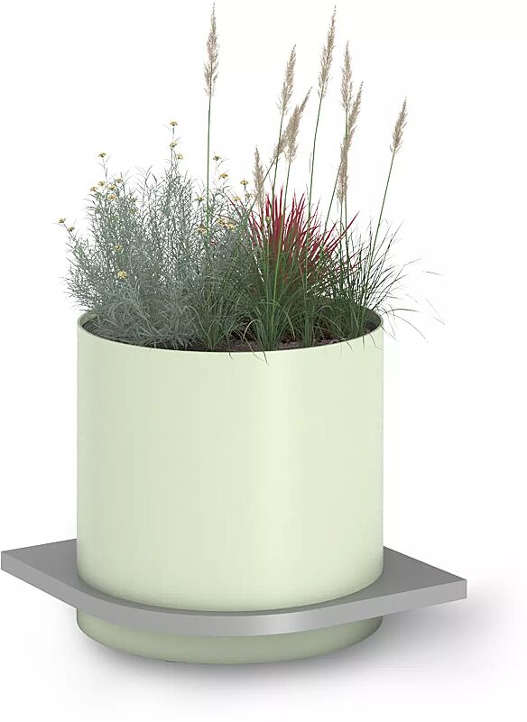 Pflanzbehälter POLYS mit viertelrunder Plattform, mit einem zylindrischen Behälter in RAL 6019 weißgrün