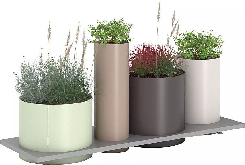Pflanzbehälter POLYS mit rechteckiger Plattform, mit vier zylindrischen Behältern in RAL 6019 weißgrün, RAL 1019 graubeige, RAL 8019 graubraun und RAL 1013 perlweiß