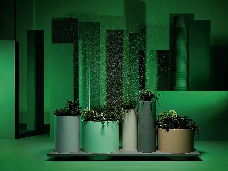 Pflanzbehälter POLYS mit rechteckiger Plattform, mit fünf zylindrischen Behältern in RAL 7035 lichtgrau, 6019 weißgrün, RAL 1013 perlweiß, RAL 7016 anthrazitgrau und RAL 1020 olivgelb