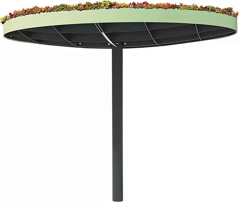 Meeting-Point PIN GREEN, Ø 3505 mm, mit bauseitiger Dachbegrünung, Stahlteile in RAL 6019 weißgrün und RAL 7016 anthrazitgrau