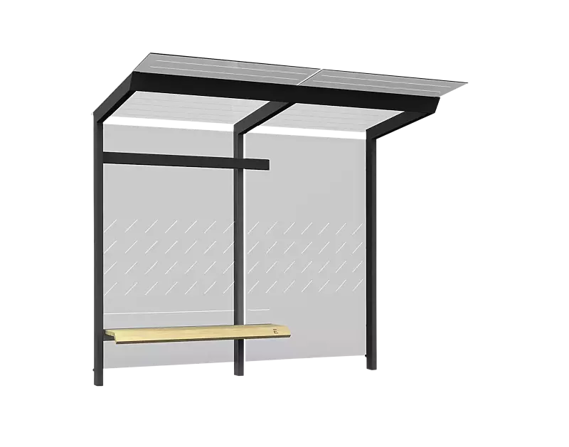 Wartehalle TRAXO, Dachbreite x Dachtiefe 2800 mm x 1740 mm, inkl. Rückwand ESG, Klarglas, mit Siebdruckdekor, Sitzbank davorstehend links, Stahlkonstruktion in RAL 7016 anthrazitgrau