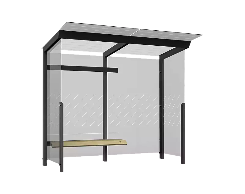 Wartehalle TRAXO, Dachbreite x Dachtiefe 2800 mm x 1740 mm, inkl. Rück- / Seitewände ESG, Klarglas, mit Siebdruckdekor, Sitzbank davorstehend links, Stahlkonstruktion in RAL 7016 anthrazitgrau