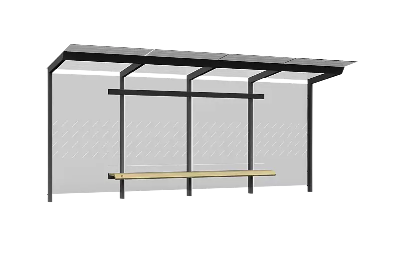 Wartehalle TRAXO, Dachbreite x Dachtiefe 5560 mm x 1740 mm, inkl. Rückwand ESG, Klarglas, mit Siebdruckdekor, Sitzbank mittig, Stahlkonstruktion in RAL 7016 anthrazitgrau