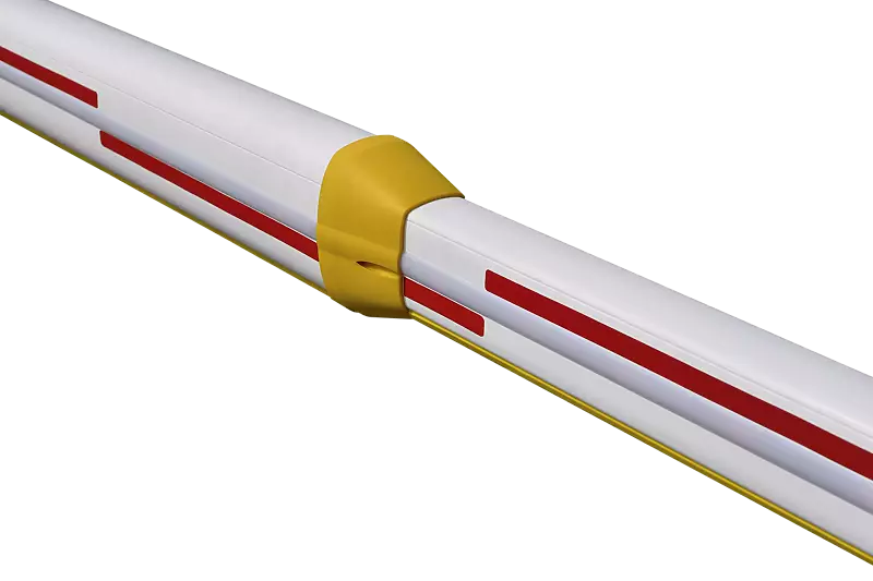 Detail: Teleskop Schrankenbaum, 4 + 4 m ausziehbar, weiß lackiert mit roten Reflexionsaufklebern