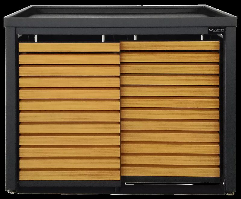 Müllbehälter-Doppelschrank STYELOUT® LINIS mit Pflanzdach, Aluminiumkonstruktion in RAL 7016 anthrazitgrau, Schiebetüren in Holzdekor Douglasie