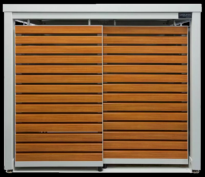 Müllbehälter-Doppelschrank STYELOUT® LINIS mit Pflanzdach, Aluminiumkonstruktion in RAL 7035 lichtgrau, Schiebetüren in Holzdekor Kirschbaum hell