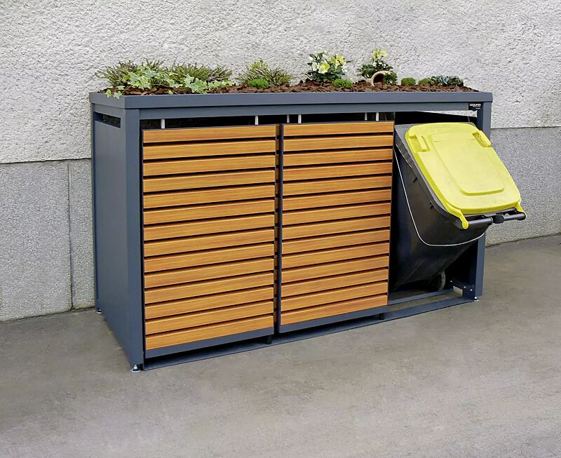 Müllbehälter-Dreifachschrank STYLEOUT® LINIS mit Pflanzdach, Aluminiumkonstruktion in RAL 7016 anthrazitgrau, Schiebetüren in Holzdekor Douglasie