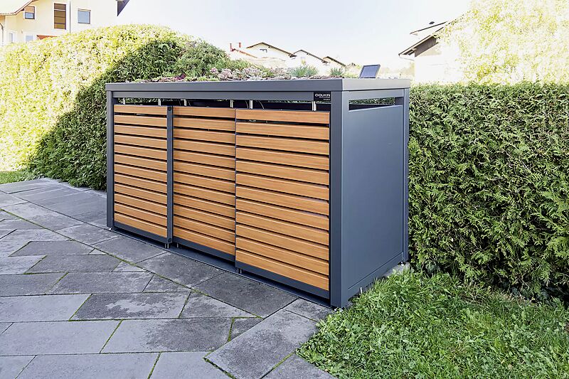 Müllbehälter-Dreifachschrank STYELOUT® LINIS mit Pflanzdach, Aluminiumkonstruktion in RAL 7016 anthrazitgrau, Schiebetüren in Holzdekor Douglasie