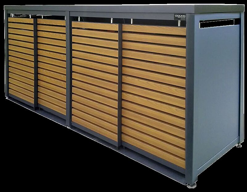 Müllbehälter-Vierfachschrank STYLEOUT® LINIS mit Pflanzdach, Aluminiumkonstruktion in RAL 7016 anthrazitgrau, Schiebetüren in Holzdekor Kirschbaum hell