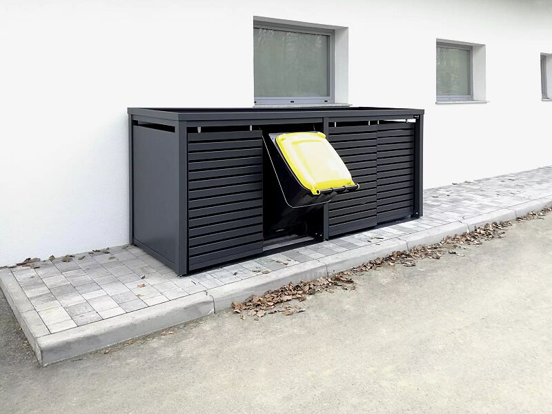 Müllbehälter-Vierfachschrank STYELOUT® LINIS mit Pflanzdach, Aluminiumkonstruktion und Schiebetüren in RAL 7016 anthrazitgrau
