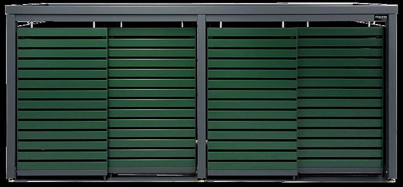 Müllbehälter-Vierfachschrank STYLEOUT® LINIS mit Pflanzdach, Aluminiumkonstruktion in RAL 7016 anthrazitgrau, Schiebetüren in RAL 6005 moosgrün