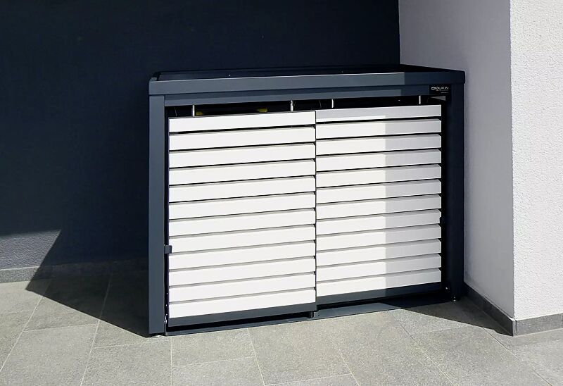 Müllbehälter-Doppelschrank STYLEOUT® LINIS mit Pflanzdach, Aluminiumkonstruktion in RAL 7016 anthrazitgrau, Schiebetüren in RAL 9003 signalweiß
