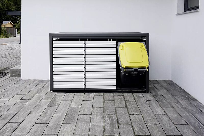 Müllbehälter-Dreifachschrank STYLEOUT® LINIS mit Pflanzdach, Aluminiumkonstruktion in RAL 7016 anthrazitgrau, Schiebetüren in RAL 9003 signalweiß