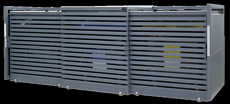 Müllbehälter-Dreifachschrank STYLEOUT® LINIS 1100, Stahlkonstruktion, Tür, Rück- und Seitenwände in RAL 7016 anthrazitgrau, Dach in Aluminium eloxiert