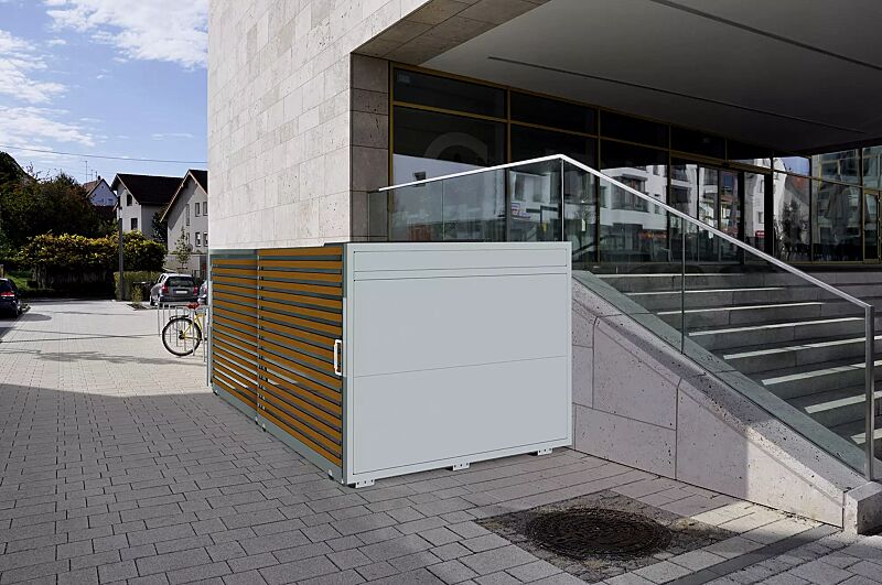 Fahrradgarage STYLEOUT® BIKE LINIS, Rück- und Seitenwände in RAL 7035 lichtgrau, Schiebetüren in Holzdekor Douglasie