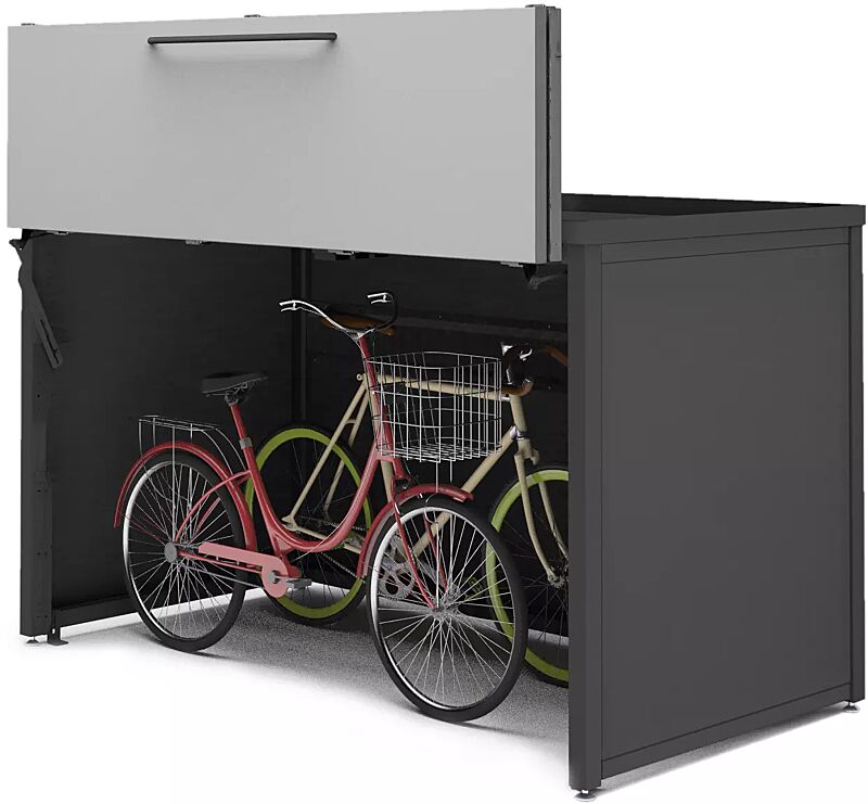 Universaldepot STYLEOUT® LINIS STORE als Fahrradgarage, Stahlkonstruktion sowie Wandelemente in RAL 7016 anthrazitgrau, Öffnungsklappe in RAL 9007 graualuminium