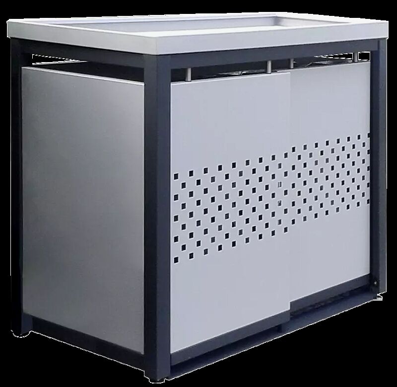 Müllbehälter-Doppelschrank STYLEOUT® QUBIS mit Pflanzdach, Aluminiumkonstruktion in RAL 7016 anthrazitgrau, Dach, Schiebetüren, Rück- / Seitenwände in RAL 9006 weißaluminium