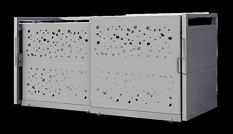 Müllbehälter-Doppelschrank STYLEOUT® TOMO 1100, Schiebetüren mit Designlochung, Aluminiumkonstruktion in RAL 9007 graualuminium