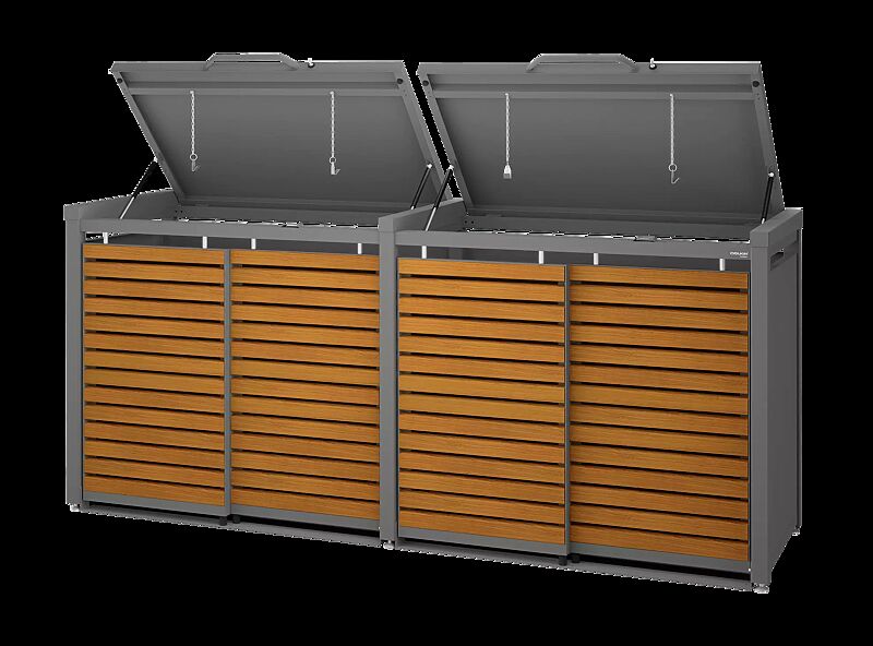 Müllbehälter-Doppelschrank STYLEOUT® LINIS, mit Klappdach, Aluminiumkonstruktion in RAL 9007 graualuminium, Schiebetüren in Holzdekor Douglasie