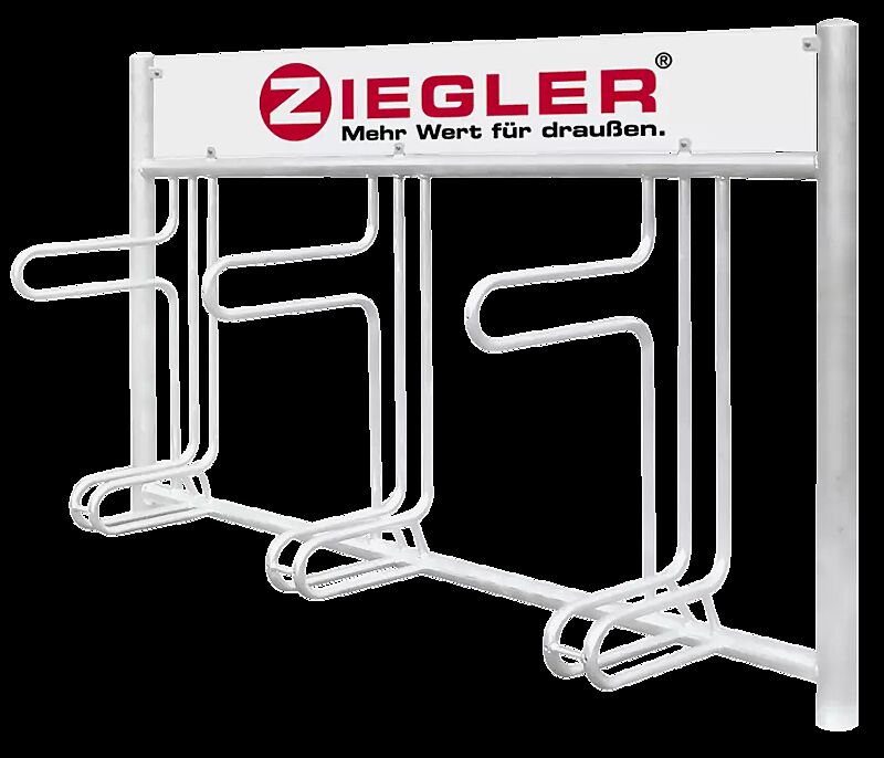 Fahrradständer ADELAIDE einseitig, zum Einbetonieren, 3 Stellplätze, mit Werbeschild, Edelstahl