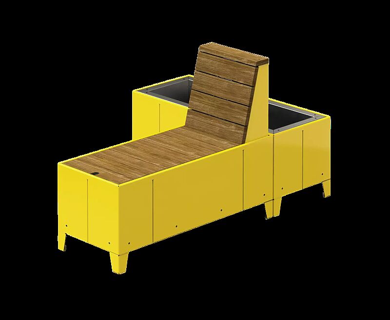 Sitzinsel TASKU, Liegebank mit Rückenlehne sowie rechteckiger Pflanzbehälter, in RAL 1021 rapsgelb