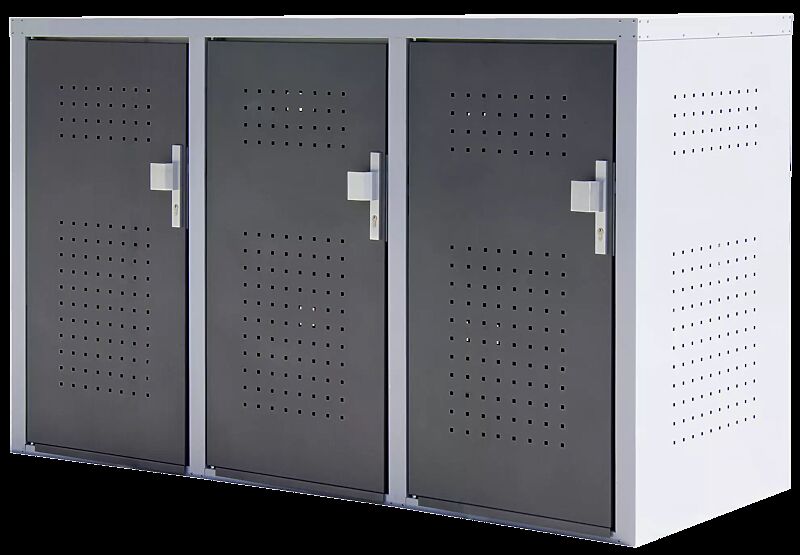 Müllbehälter-Dreifachschrank FLEET, Türanschlag 3 x DIN links, Korpus in RAL 9006 weißaluminium, Türen in RAL 7016 anthrazitgrau