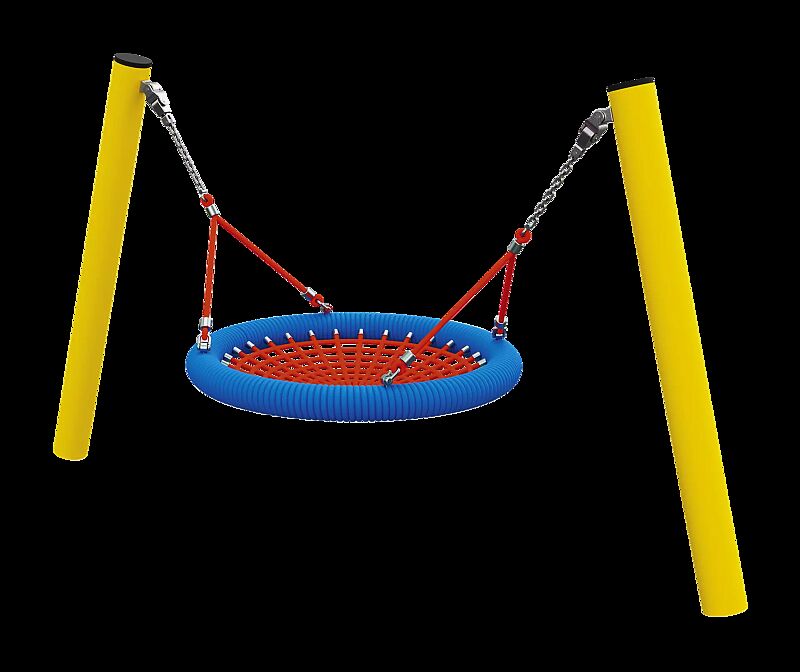 Kleinkind-Nestschaukel EDDA, Sitzfläche und Aufhängung in rot ähnlich RAL 3020 verkehrsrot, Außenring in blau ähnlich RAL 5015 himmelblau sowie Stahlpfosten standardmäßig in sonnengelb ähnlich RAL 1023 verkehrsgelb