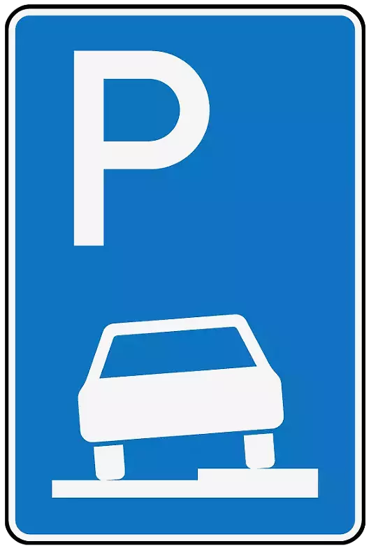 Verkehrszeichen: Parken auf Gehwegen halb in Fahrtrichtung rechts