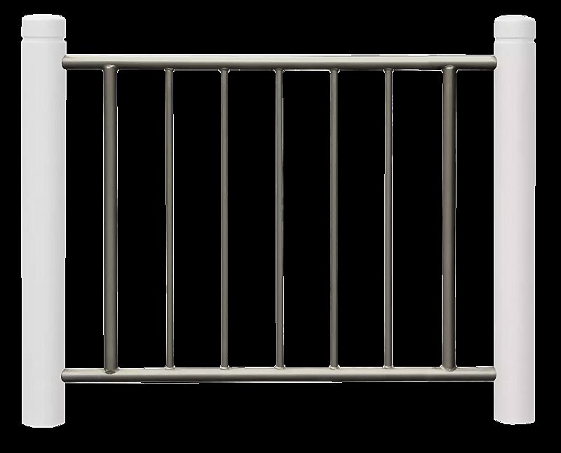 Systemgeländer mit Poller BOULEVARD 83, Gitterelement mit vertikalen Füllstäben in einer Breite von 1030 mm, in DB 703 eisenglimmer