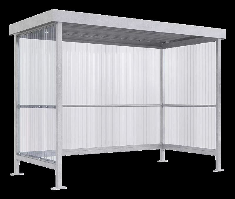 Raucherunterstand CIGAR, Dachbreite x Dachtiefe 2960 mm x 1580 mm, inklusive Rück- / Seitenwände mitintegrierter Anlehnmöglichkeit, zweite Seitenwand gegen Mehrpreis, Stahlkonstruktion feuerverzinktRaucherunterstand CIGAR, Dachbreite x Dachtiefe 2960 m...