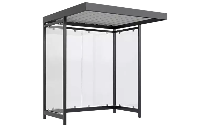 Wartehalle AQUILA, Dachbreite x Dachtiefe 2165 mm x 2165 mm, zum Aufdübeln bei -200 mm, Rück- / Seitenwände ESG, Klarglas, Stahlkonstruktion in RAL 7016 anthrazitgrau