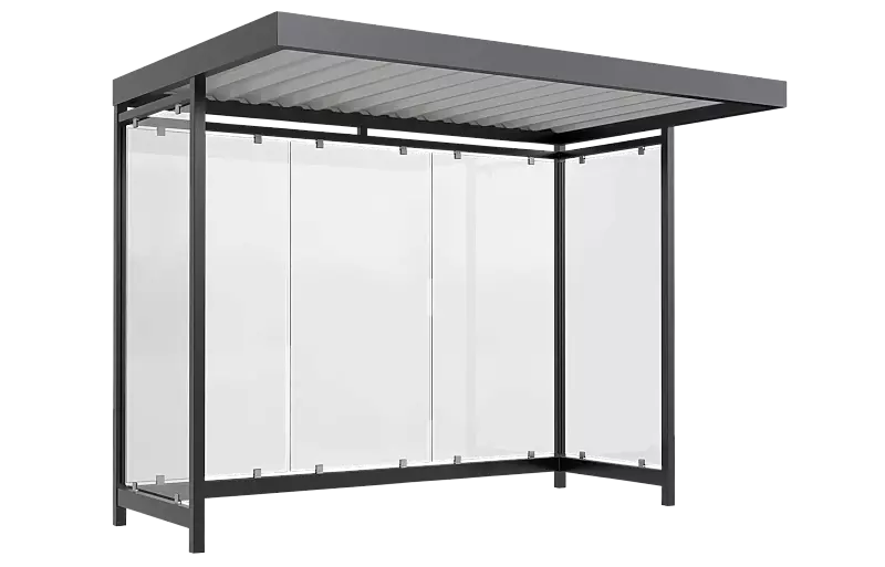 Wartehalle AQUILA, Dachbreite x Dachtiefe 3180 mm x 2165 mm, zum Aufdübeln bei -200 mm, Rück- / Seitenwände ESG, Klarglas, Stahlkonstruktion in RAL 7016 anthrazitgrau