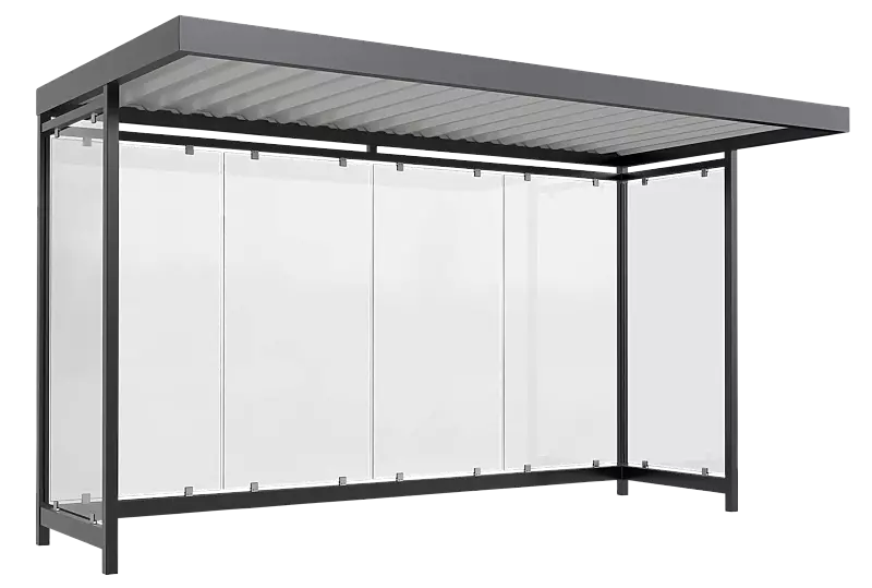 Wartehalle AQUILA, Dachbreite x Dachtiefe 4195 mm x 2165 mm, zum Aufdübeln bei -200 mm, Rück- / Seitenwände ESG, Klarglas, Stahlkonstruktion in RAL 7016 anthrazitgrau