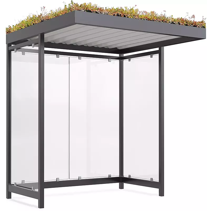 Wartehalle AQUILA GREEN, Dachbreite x Dachtiefe 2165 mm x 2165 mm, zum Aufdübeln bei -200 mm, Rück- / Seitenwände ESG, Klarglas, Stahlkonstruktion in RAL 7016 anthrazitgrau