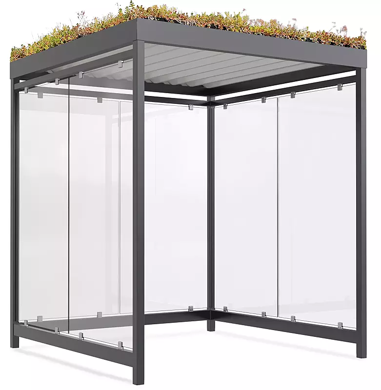 Raucherunterstand AQUILA GREEN, Dachbreite x Dachtiefe 2165 mm x 2165 mm, zum Aufdübeln bei -200 mm, mit Rück- / Seitenwänden, Stahlkonstruktion in RAL 7016 anthrazitgrau