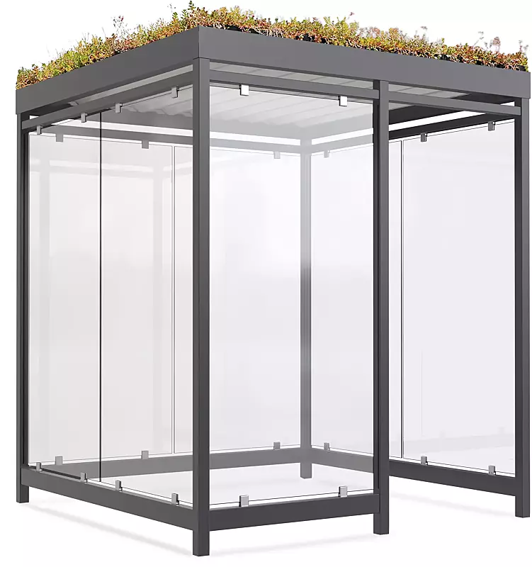 Raucherunterstand AQUILA GREEN, Dachbreite x Dachtiefe 2165 mm x 2165 mm, zum Aufdübeln bei -200 mm, mit Rück- / Seitenwände sowie Windschutzwand links, Stahlkonstruktion in RAL 7016 anthrazitgrau