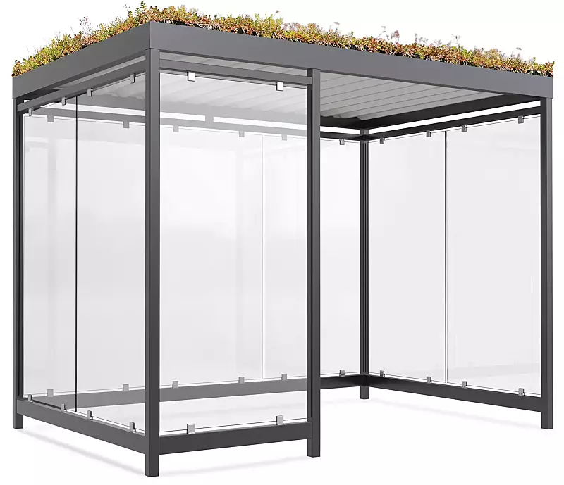 Raucherunterstand AQUILA GREEN, Dachbreite x Dachtiefe 3180 mm x 2165 mm, zum Aufdübeln bei -200 mm, mit Rück- / Seitenwänden sowie Windschutzwand links, Stahlkonstruktion in RAL 7016 anthrazitgrau