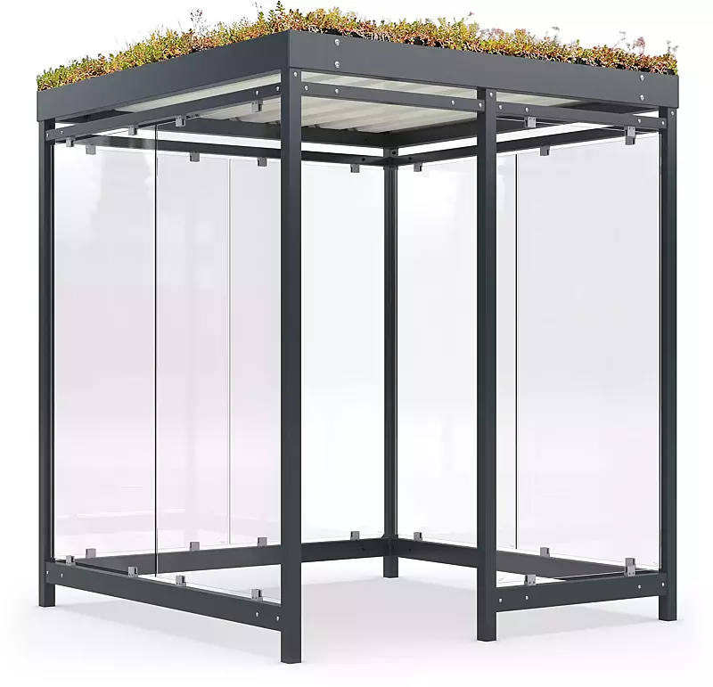 Raucherunterstand AQUILA GREEN, Dachbreite x Dachtiefe 2165 mm x 2165 mm, zum Aufdübeln bei -200 mm, mit Rück- / Seitenwänden sowie Windschutzwand rechts, Stahlkonstruktion in RAL 7016 anthrazitgrau