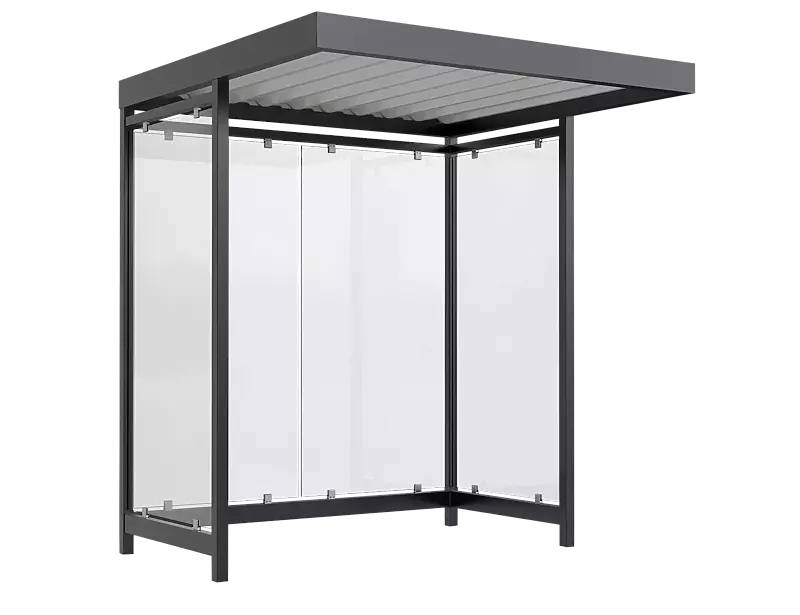 Wartehalle LEONIS, Dachbreite x Dachtiefe 2165 mm x 2165 mm, zum Aufdübeln bei -200 mm, mit Rück- / Seitenwänden, Stahlkonstruktion in RAL 7016 anthrazitgrau