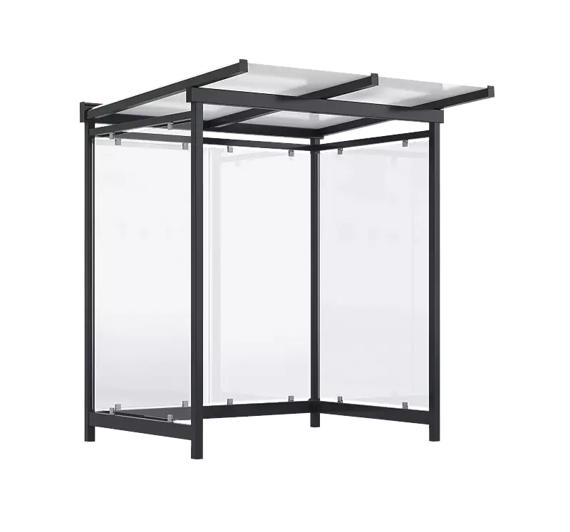 Wartehalle FORNAX, Dachbreite x Dachtiefe 2330 mm x 2065 mm, zum Aufdübeln bei -200 mm, Rück- / Seitenwände ESG, Klarglas, Stahlkonstruktion in RAL 7016 anthrazitgrau