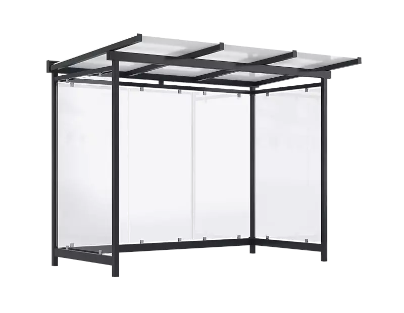 Wartehalle FORNAX, Dachbreite x Dachtiefe 3305 mm x 2065 mm, zum Aufdübeln bei -200 mm, Rück- / Seitenwände ESG, Klarglas, Stahlkonstruktion in RAL 7016 anthrazitgrau