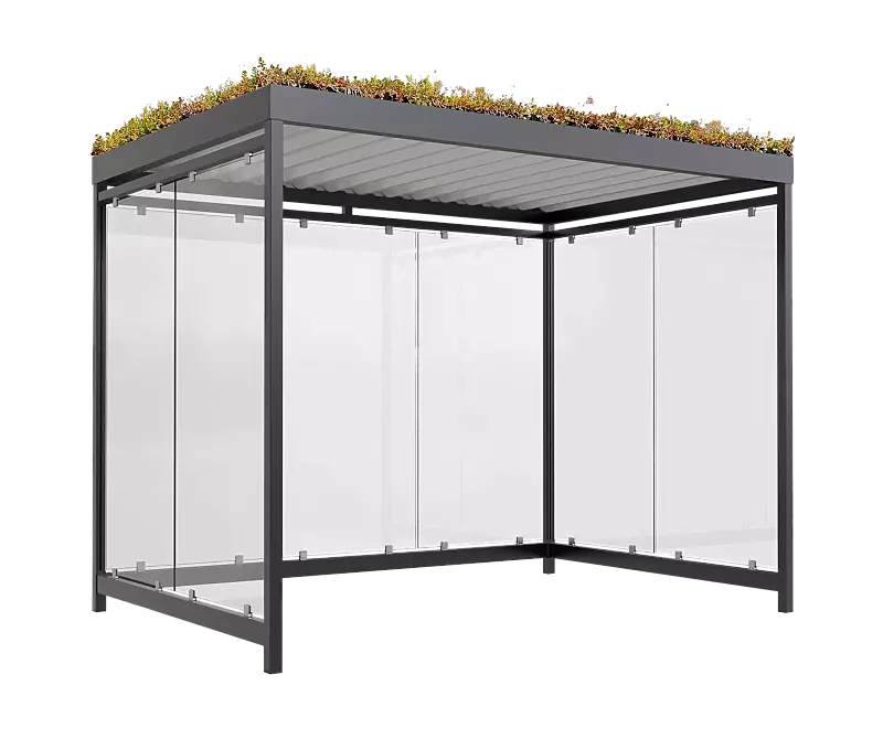 Fahrradüberdachung AQUILA GREEN, Dachbreite x Dachtiefe 3180 mm x 2165 mm, zum Aufdübeln bei -200 mm, Rück- / Seitenwände ESG, Klarglas, Stahlkonstruktion in RAL 7016 anthrazitgrau