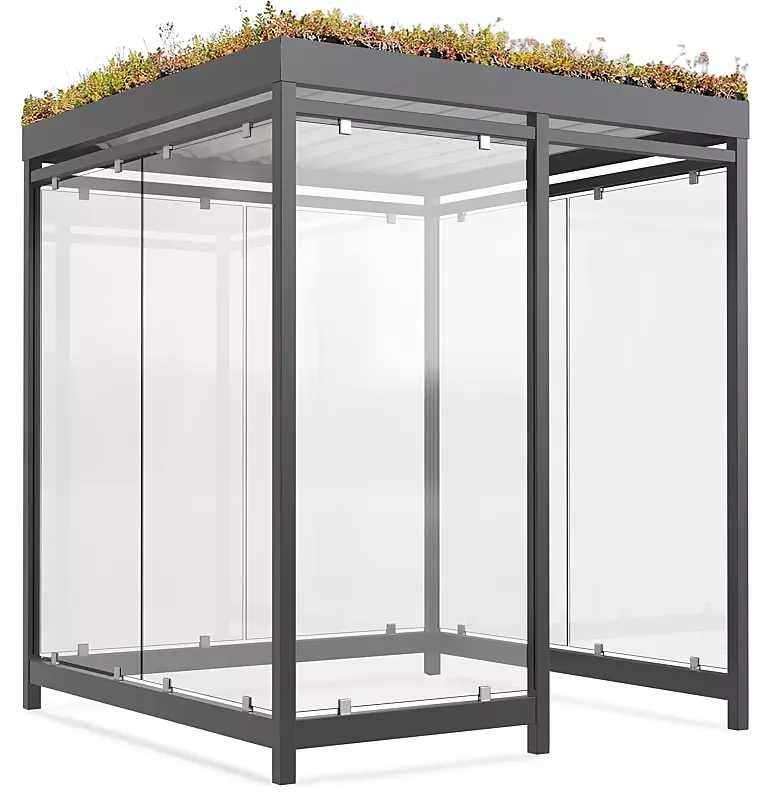 Raucherunterstand LEONIS GREEN, Dachbreite x Dachtiefe 2165 mm x 2165 mm, zum Aufdübeln bei -200 mm, mit Rück- und Seitenwände sowie Windschutzwand links, Stahlkonstruktion in RAL 7016 anthrazitgrau