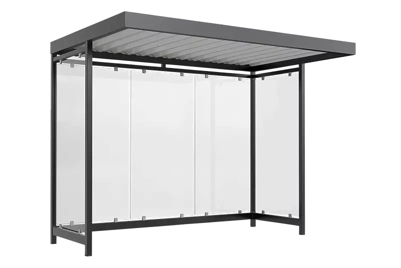 Wartehalle AQUILA, Dachbreite x Dachtiefe 3180 mm x 2165 mm, zum Aufdübeln bei +/- 0 mm, Rück- / Seitenwände ESG, Klarglas, Stahlkonstruktion in RAL 7016 anthrazitgrau