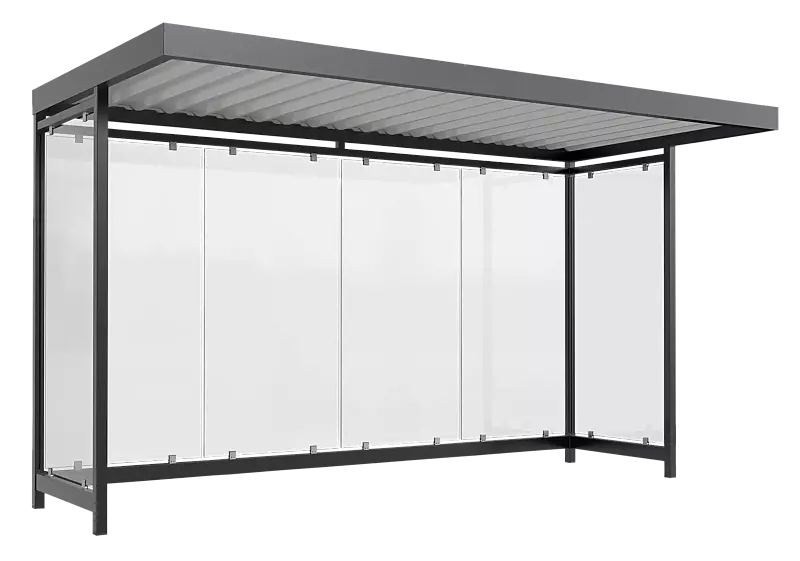 Wartehalle AQUILA, Dachbreite x Dachtiefe 4195 mm x 2165 mm, zum Aufdübeln bei +/- 0 mm, Rück- / Seitenwände ESG, Klarglas, Stahlkonstruktion in RAL 7016 anthrazitgrau