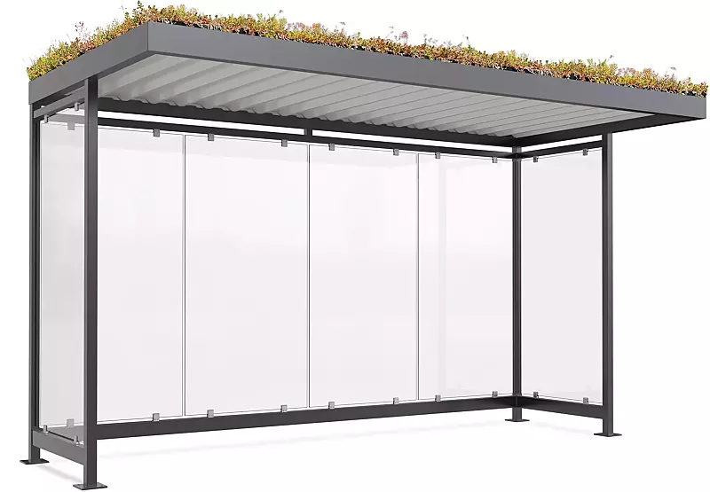 Wartehalle AQUILA GREEN, Dachbreite x Dachtiefe 4195 mm x 2165 mm, zum Aufdübeln bei +/- 0 mm, Rück- / Seitenwände ESG, Klarglas, Stahlkonstruktion in RAL 7016 anthrazitgrau