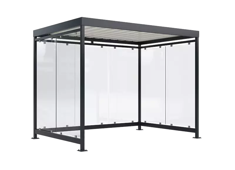 Fahrradüberdachung AQUILA, Dachbreite x Dachtiefe 4195 mm x 2165 mm, zum Aufdübeln bei +/- 0 mm, Rück- / Seitenwände ESG, Klarglas, Stahlkonstruktion in RAL 7016 anthrazitgrau