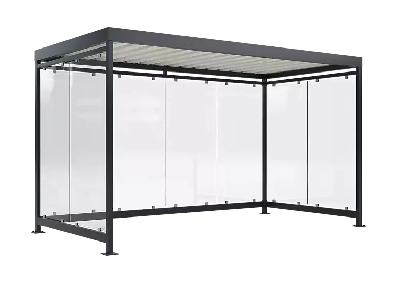 Fahrradüberdachung AQUILA, Dachbreite x Dachtiefe 3180 mm x 2165 mm, zum Aufdübeln bei +/- 0 mm, Rück- / Seitenwände ESG, Klarglas, Stahlkonstruktion in RAL 7016 anthrazitgrau