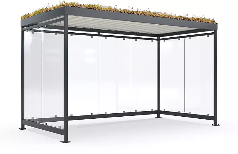 Fahrradüberdachung AQUILA GREEN, Dachbreite x Dachtiefe 4195 mm x 2165 mm, zum Aufdübeln bei +/- 0 mm, Rück- / Seitenwände ESG, Klarglas, Stahlkonstruktion in RAL 7016 anthrazitgrau