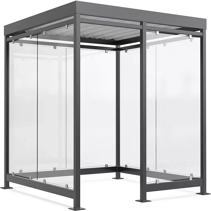 Raucherunterstand AQUILA, Dachbreite x Dachtiefe 2165 mm x 2165 mm, zum Aufdübeln bei +/- 0 mm, mit Rück- / Seitenwänden sowie Windschutzwand rechts, Stahlkonstruktion in RAL 7016 anthrazitgrau